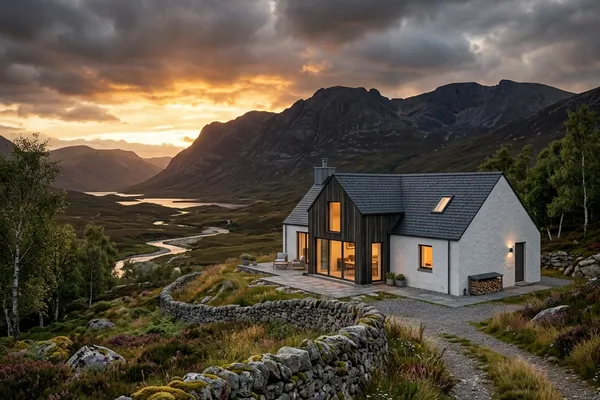 Highland croft CGI Scotland - single-storey harled stone croft house, slate roof, Highland vernacular CGI in Cairngorms National Park Authority context