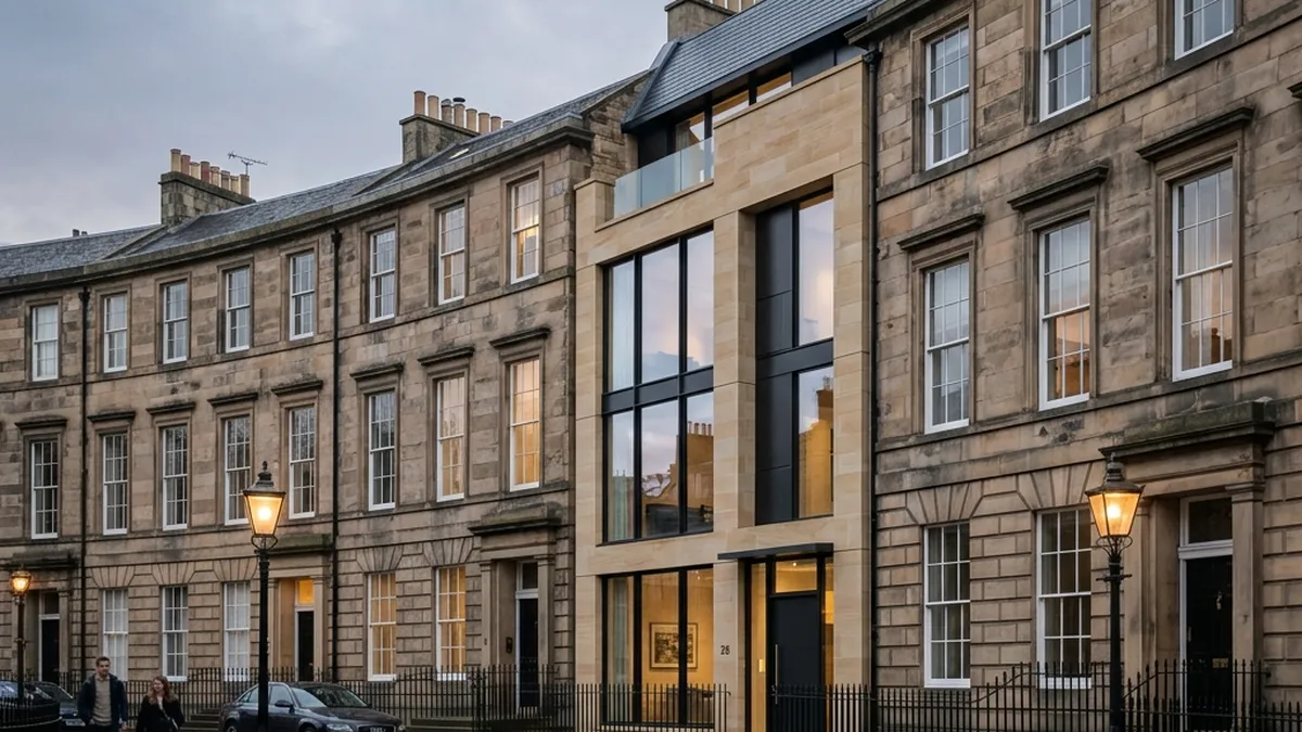Verified-view photomontage Scotland planning application - camera-matched composite of a proposed conservation-area infill in Edinburgh New Town UNESCO World Heritage Site showing CGI inserted into surveyed context plate (AVR Type 3 to Landscape Institute TGN 06/19; Historic Environment Scotland consultee context)